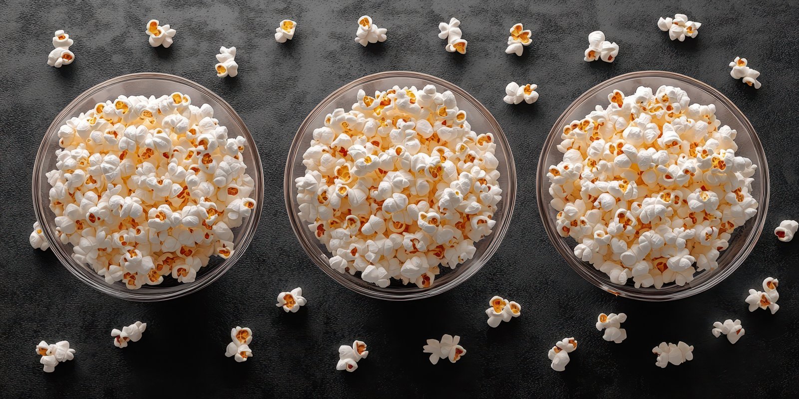 Popcorn served in glass bowls on a dark surface with scattered kernels around for a cozy movie night setting